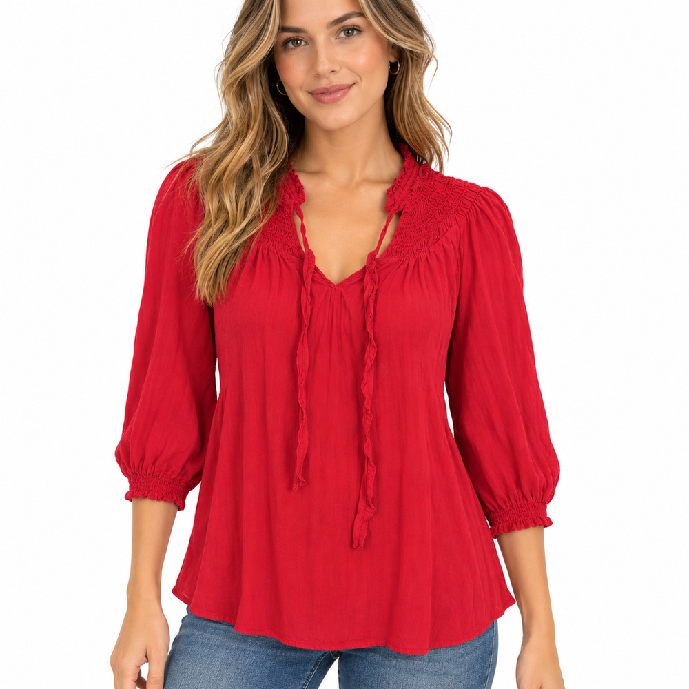 Odille Womens Red Smocked Tie Front 3/4 Sleeve Rayon Lightweight Top Blouse sz 2